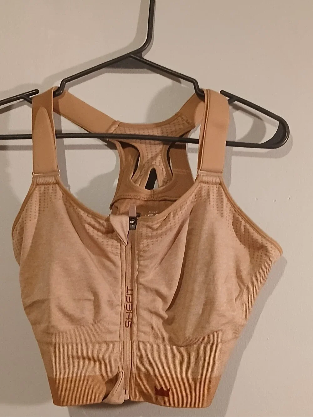 Shefit Womens Tan Sports Bra. Size 5 Luxe. Front Zip